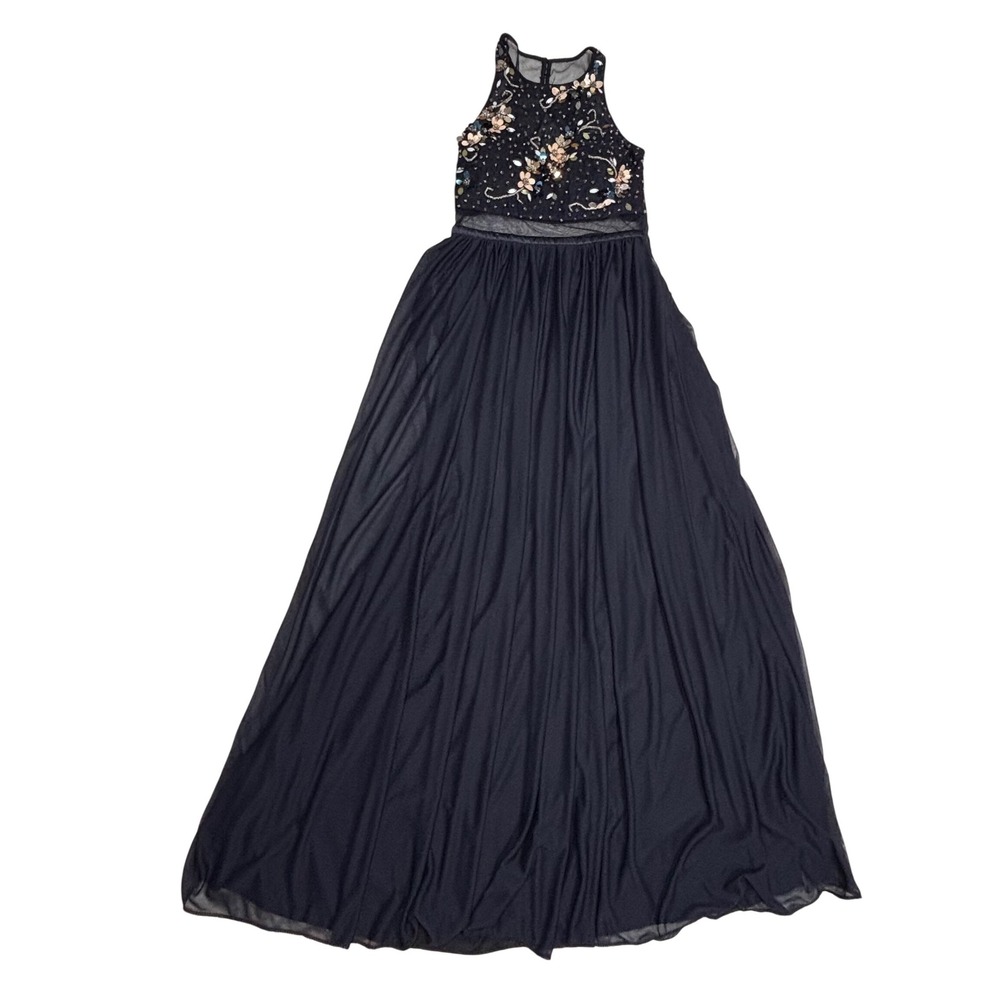 Sequin Hearts Dress Size 3 Navy Embellished Floral Halter Maxi Formal Gown NWT